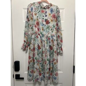Gibson Latimer Floral Swing Dress Medium Cottage core‎ Ruffle Neck Flowy grandma